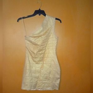 EUC Express gold shimmer banded one shoulder dress